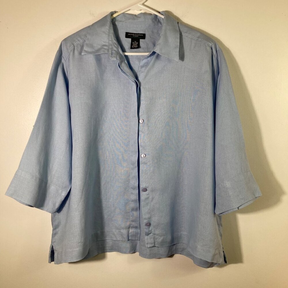Womens Vintage Goodclothes Linen‎ 3/4 Sleeve Button Blouse Blue 1X